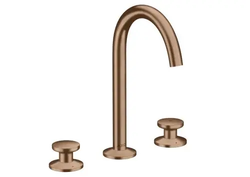 Waschtischarmatur mit drei Löchern in Brushed Red Gold, bestehend aus einem hohen, gebogenen Auslauf und zwei runden Bedienungselementen, Marke AXOR.
